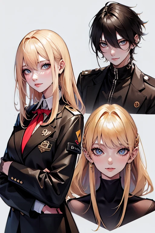 tall man,(man is taller than me woman) messy black-haired man wearing a , is a student, with his hands in his pockets. Man has green eyes., woman thin ,long blonde hair, woman has green eyes, cheerleader. best quality, adorable, ultra-detailed, illustration, complex, detailed, extremely detailed, detailed face, soft light, soft focus, perfect face. In love, illustration. two people: comic strip