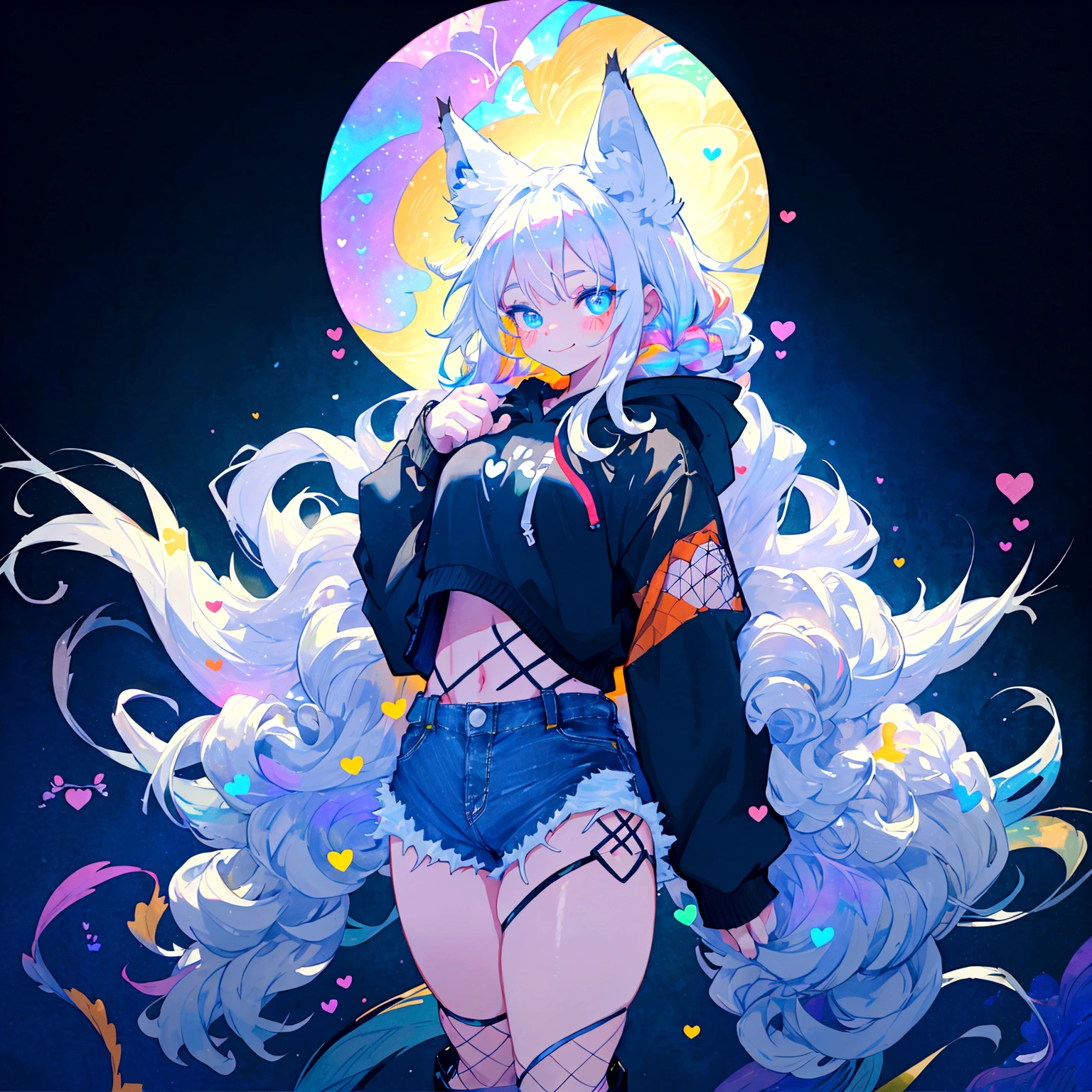 a cute adult male with wolf ears, long white hair, long locks, has a wolf tail, wearing a loose cropped black hoodie, wearing a pair of denim short shorts and fishnet stockings, thick thighs, wide hips, short, showing slender tummy, heart on hoodie, squishy thighs, has glowing blue eyes. alone, solo (ALONE)(SOLO), surrounded by rainbows, colorful galaxy backround, smiling, ontop of a pile of fluffy plushes, plushies everywhere, kawaii plushies, surrounded by bubbles, surrounded by rainbow leaves, standing up dancing, thicc thighs