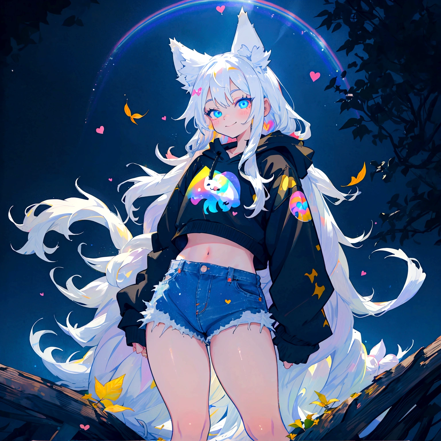 a cute adult male with wolf ears, long white hair, long locks, has a wolf tail, wearing a loose cropped black hoodie, wearing a pair of denim short shorts and fishnet stockings, thick thighs, wide hips, short, showing slender tummy, heart on hoodie, squishy thighs, has glowing blue eyes. alone, solo (ALONE)(SOLO), surrounded by rainbows, colorful galaxy backround, smiling, ontop of a pile of fluffy plushes, plushies everywhere, kawaii plushies, surrounded by bubbles, surrounded by rainbow leaves, standing up dancing, thicc thighs