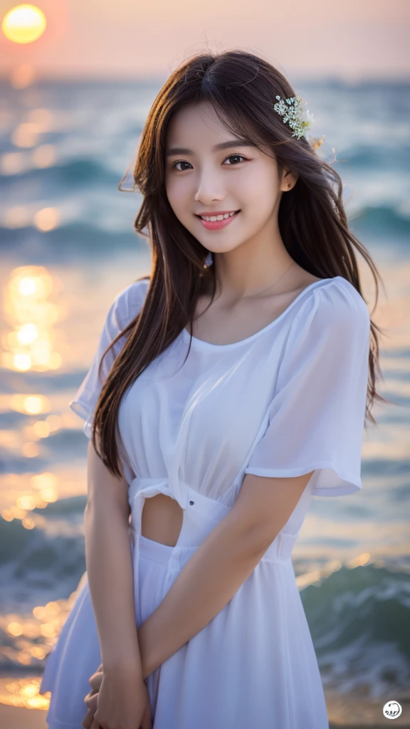 Tabletop、(Highest quality、4K、8K、High resolution、Masterpiece: 1.2)、Super detailed、(Real、Photorealistic、Photorealistic: 1.37)、Full Body Shot、Complex and beautiful eyes、woman、long hair、Natural color lip、whiteTshirt、Bold and sexy pose、smile、Ocean、20 year old girl、A cute and sexy shot looking straight at the camera。