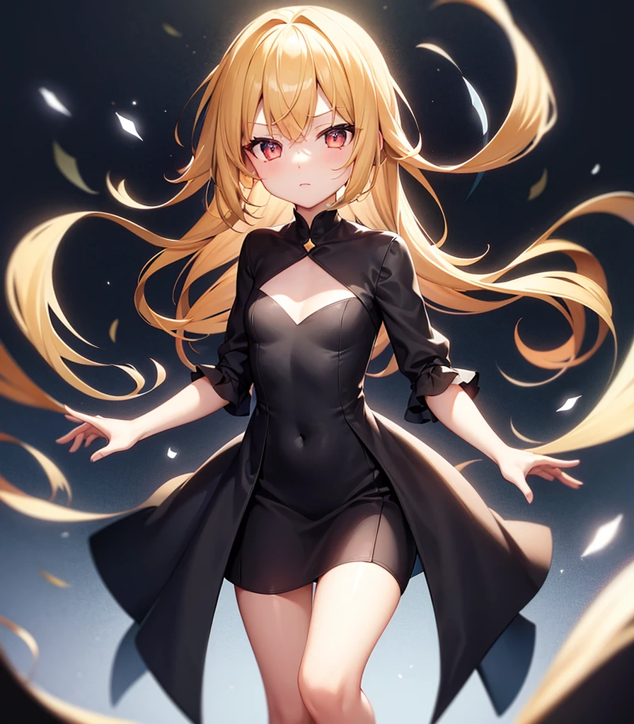 (((Elegant Dress))),(Revealing clothing),(In a naughty way),Cute little loli,Tiny Lori,Small girl,,Childish face, Very fine clean face,Top quality, Big eyes,Straight Hair,Yellow hair,Crimson Eye,(Dark Room), Subtle light, Natural light,Soft lighting,Light from directly behind, (Are standing), Cute pose, (Open your hands), Showing the whole body,Front view,Black background