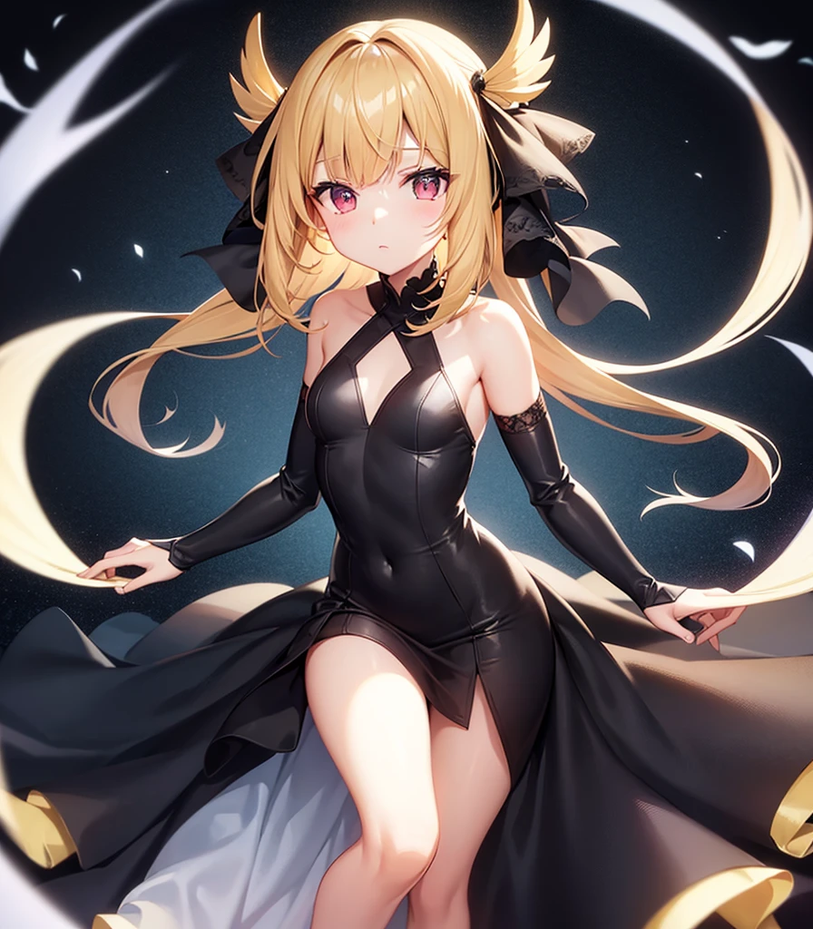 (((Elegant Dress))),(Revealing clothing),(In a naughty way),Cute little ,Tiny Lori,Small girl,,Childish face, Very fine clean face,Top quality, Big eyes,Straight Hair,Yellow hair,Crimson Eye,(Dark Room), Subtle light, Natural light,Soft lighting,Light from directly behind, (Are standing), Cute pose, (Open your hands), Showing the whole body,Front view,Black background