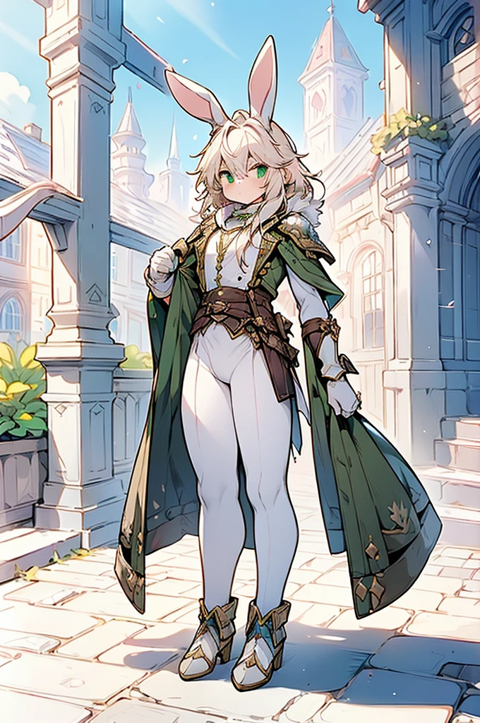 (((male, solo, bunny boy, White fur, elegante fantasy clothes))), elegante clothes, fantay clothes,green eyes, seafoam green clothes, ranger, pixiv, masterpiece, cute, (((fullbody)))
