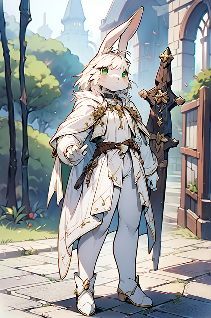 (((male, solo, bunny boy, White fur, elegante fantasy clothes))), elegante clothes, fantay clothes,green eyes, seafoam green clothes, ranger, pixiv, masterpiece, cute, (((fullbody)))
