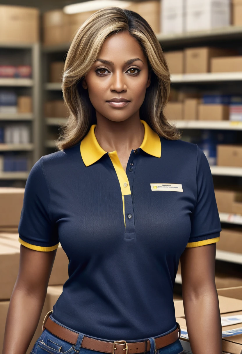 Hyper realistic image of a younger, middle-aged woman, broad shoulders and back, thick thighs, tall, dark skin, straight hair with blonde highlights, bulky but fit body, large bust, brown eyes, wearing dark blue polo shirt with thin yellow stripes on the collar and sleeves and dark jeans tight to his body and working as a postal clerk