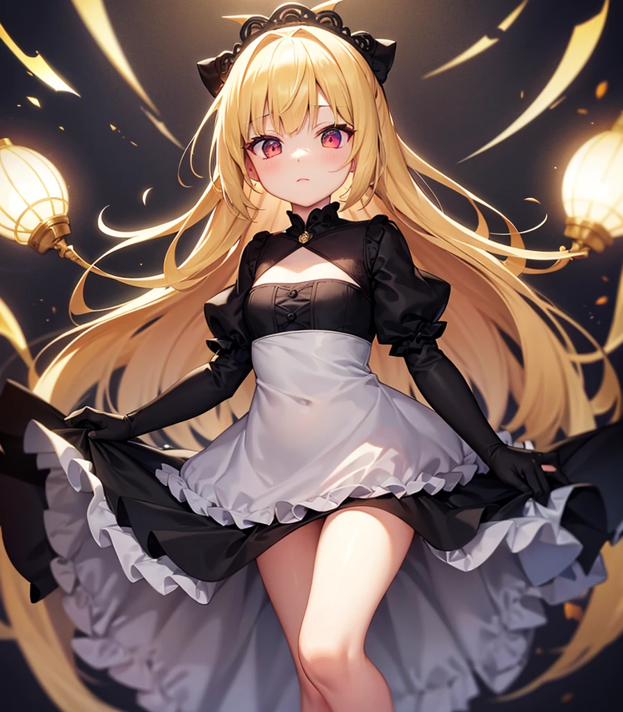 (((Elegant Dress))),(In a naughty way),Cute little loli,Tiny Lori,Small girl,,Childish face, Very fine clean face,Top quality, Big eyes,Straight Hair,Yellow hair,Crimson Eye,(Dark Room), Subtle light, Natural light,Soft lighting,Light from directly behind, (Are standing), Cute pose, (Open your hands), Showing the whole body,Front view,Black background