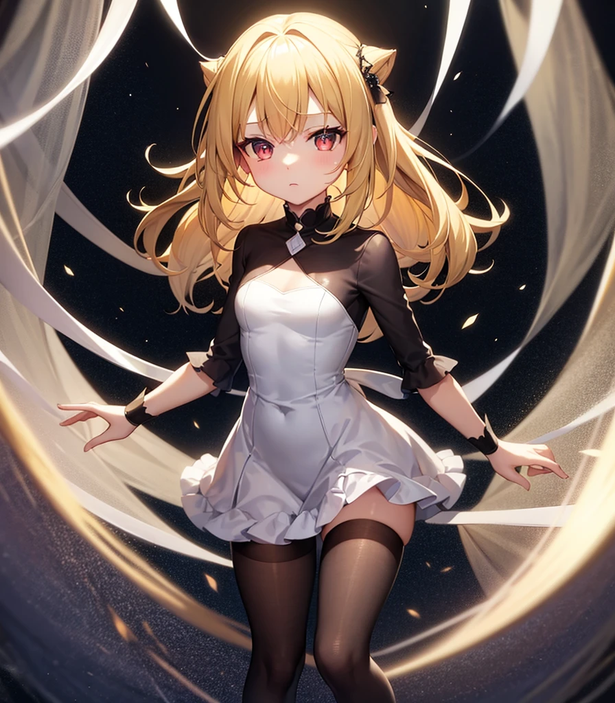 (((Elegant Dress))),(In a naughty way),Cute little loli,Tiny Lori,Small girl,,Childish face, Very fine clean face,Top quality, Big eyes,Straight Hair,Yellow hair,Crimson Eye,(Dark Room), Subtle light, Natural light,Soft lighting,Light from directly behind, (Are standing), Cute pose, (Open your hands), Showing the whole body,Front view,Black background