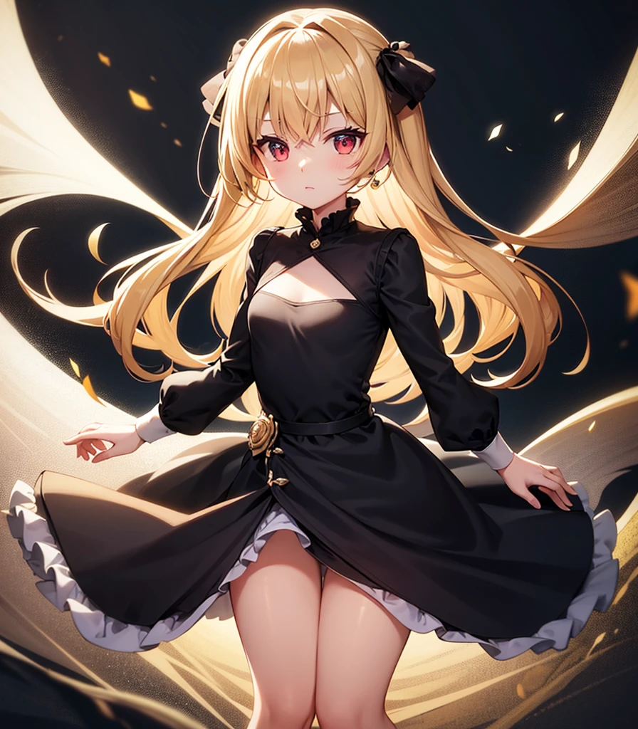 (((Elegant Dress))),(In a naughty way),Cute li,Tiny Lori,Small girildish face, Very fine clean face,Top quality, Big eyes,Straight Hair,Yellow hair,Crimson Eye,(Dark Room), Subtle light, Natural light,Soft lighting,Light from directly behind, (Are standing), Cute pose, (Open your hands), Showing the whole body,Front view,Black background