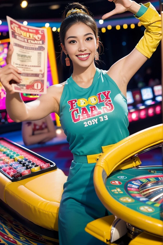 Create a vibrant and dynamic image of a joyful game winner being rewarded with a Dollar notes. The winner should be a 20-year-old male, expressing excitement and happiness, with a big smile and arms raised in victory. The scene should include visual elements related to a casino. The cash should be visibly prominent, with some bills floating around or being handed to the winner. Use bright, energetic colors to convey a celebratory mood, and ensure the background complements the scene without being too distracting. The overall theme should be fun, exciting, and rewarding.