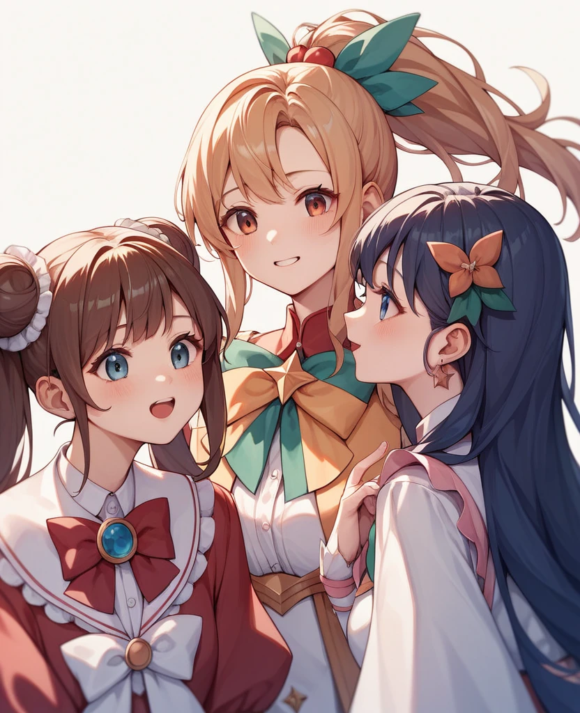 Highest quality, Very detailed, masterpiece, anime,Highest quality,Japanese ,Three Girls,Holiday outings,Transparent haori,Browsing Caution,Magical girl、Upper Body、Close Contact、lure、Provocative look、Leaning forward、bring your ????? to the center