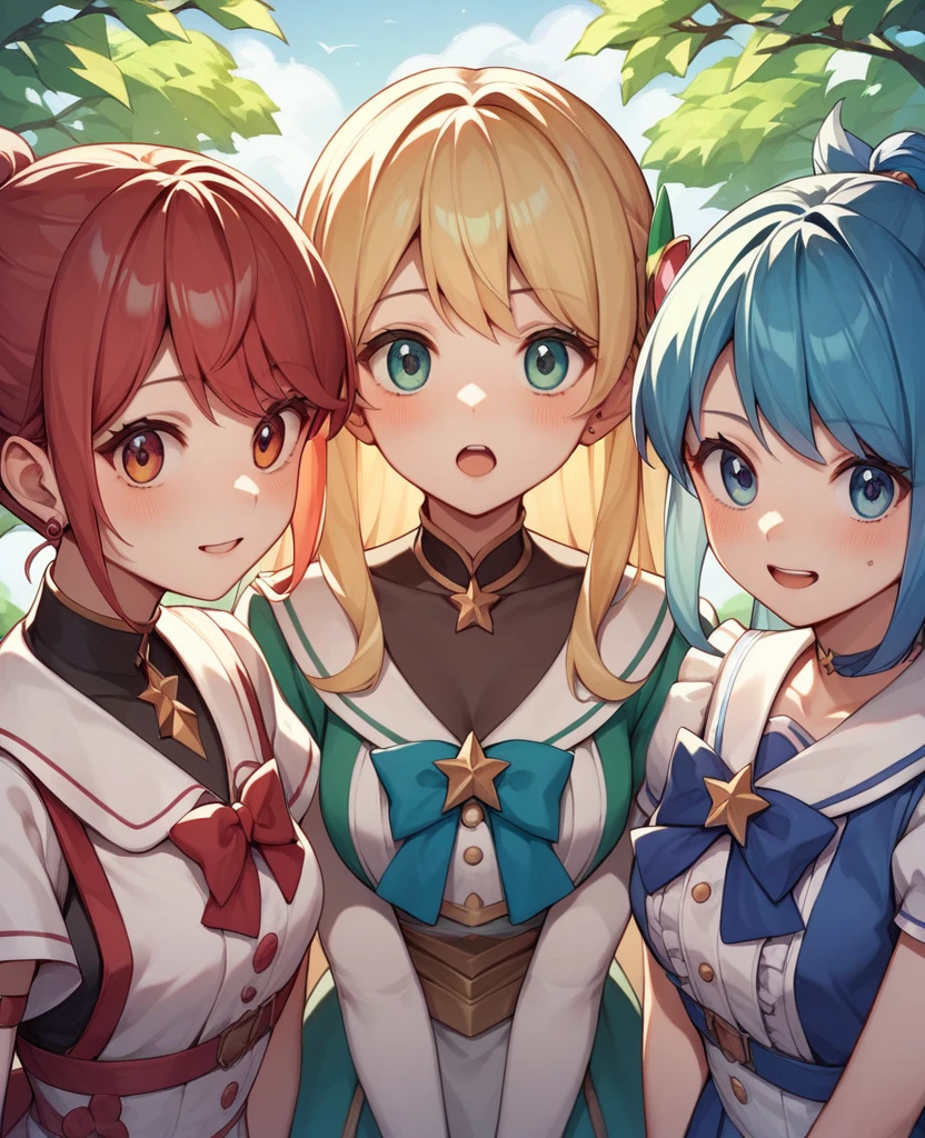 Highest quality, Very detailed, masterpiece, anime,Highest quality,Japanese ,Three Girls,Holiday outings,Transparent haori,Browsing Caution,Magical girl、Upper Body、Close Contact、lure、Provocative look、Leaning forward、bring your chest to the center