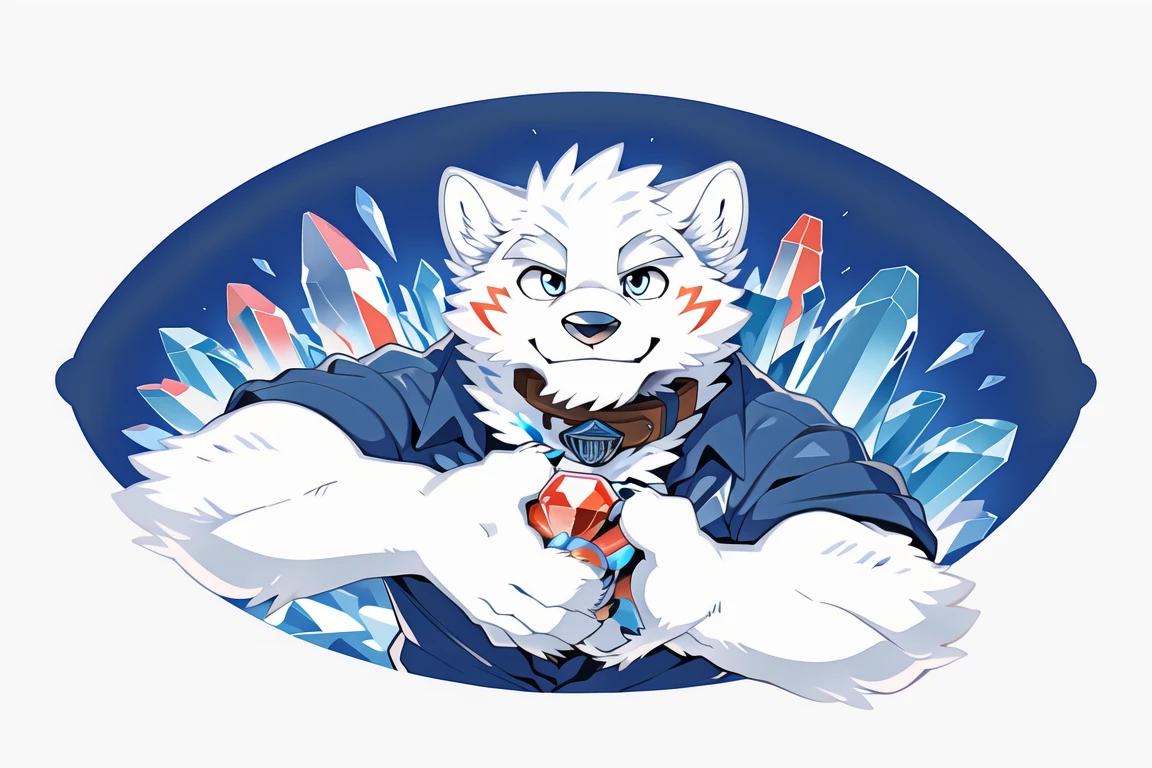 Snow Wolf, solo, ((All white fur:1.5)), Perfect sky blue eyes, collar, (artist:Takemoto Arashi), Mature face, (Reach out:1.5), Charming smile, Unbutton your shirt, Logo, stamp, Geometric patterns, Vector Art, Constructivism, American propaganda poster, best quality, Ultra HD, gem, crystal