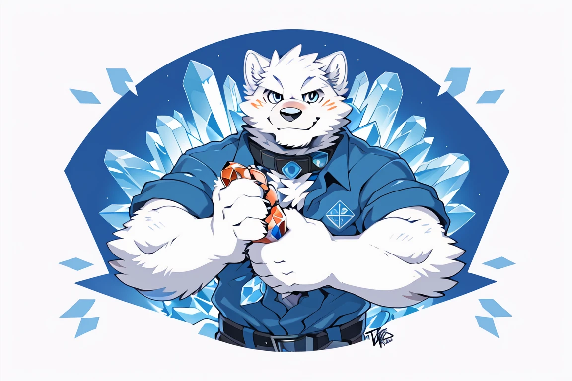 Snow Wolf, solo, ((All white fur:1.5)), Perfect sky blue eyes, collar, (artist:Takemoto Arashi), Mature face, (Reach out:1.5), Charming smile, Unbutton your shirt, Logo, stamp, Geometric patterns, Vector Art, Constructivism, American propaganda poster, best quality, Ultra HD, gem, crystal