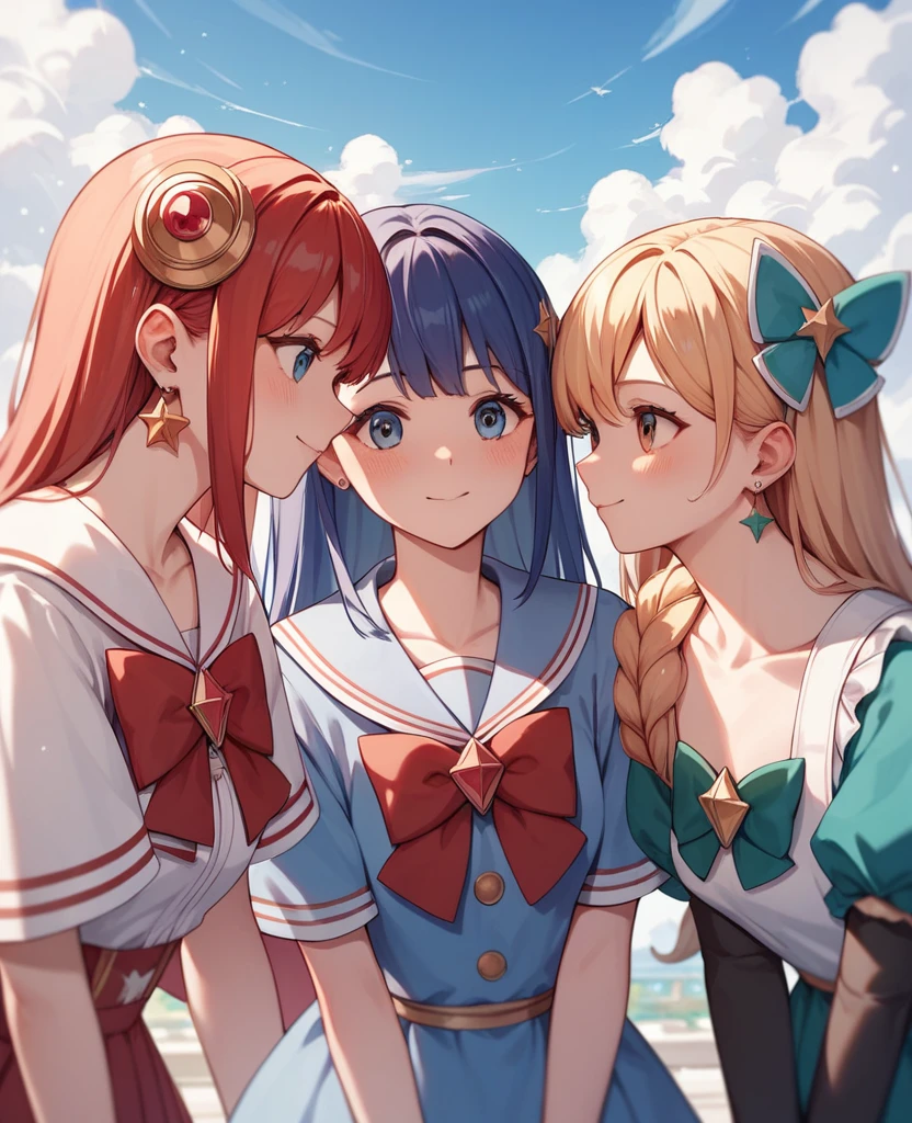 Highest quality, Very detailed, masterpiece, anime,Highest quality,Japanese ,Three Girls,Holiday outings,Transparent haori,Browsing Caution,Magical girl、Upper Body、Close Contact、lure、Provocative look、Leaning forward、bring your chest to the center