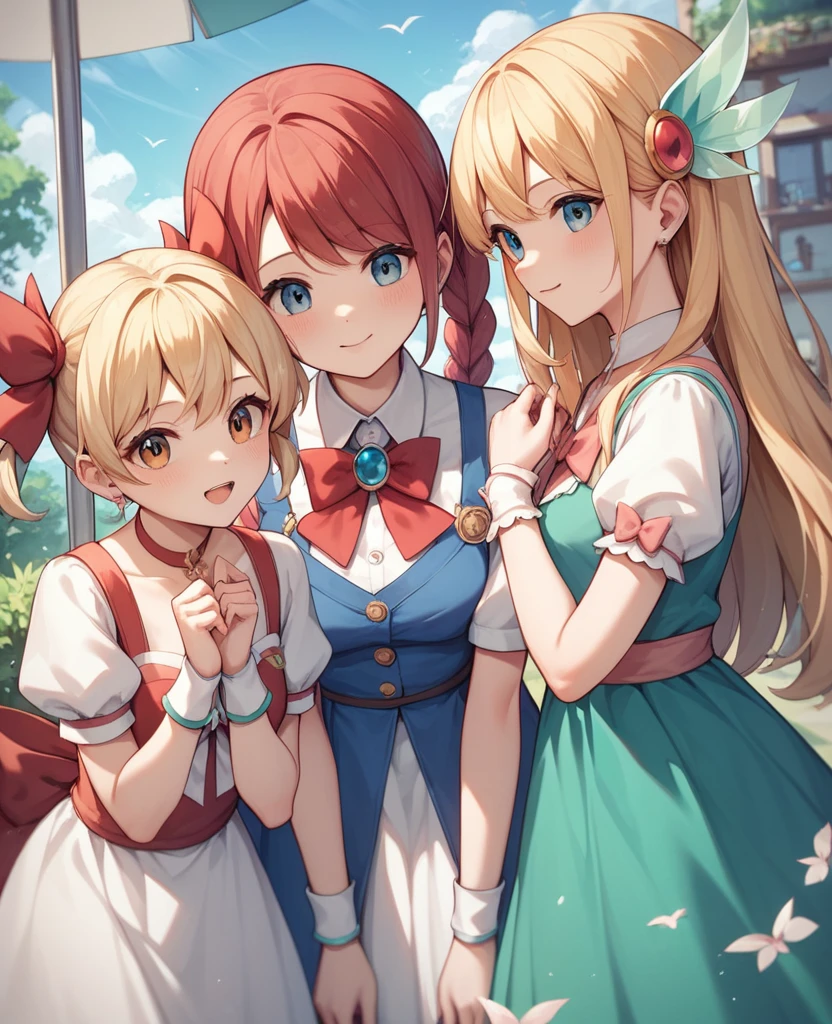 Highest quality, Very detailed, masterpiece, anime,Highest quality,Japanese ,Three Girls,Holiday outings,Transparent haori,Browsing Caution,Magical girl、Upper Body、Close Contact、lure、Provocative look、Leaning forward、bring your chest to the center