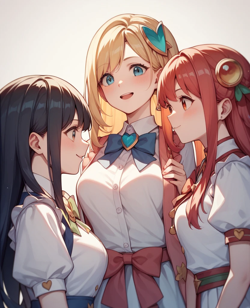 Highest quality, Very detailed, masterpiece, anime,Highest quality,Japanese ,Three Girls,Holiday outings,Transparent haori,Browsing Caution,Magical girl、Upper Body、Close Contact、lure、Provocative look、Leaning forward、bring your chest to the center