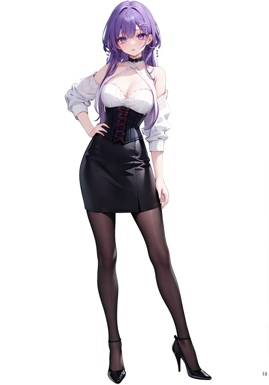 ((Perfect Face)),Purple Hair,long hair,1 female,bartender,corset,High heels,,((Simple White background)),((smile)),((full body)),((whole body)),Portraits,virtual,upright,