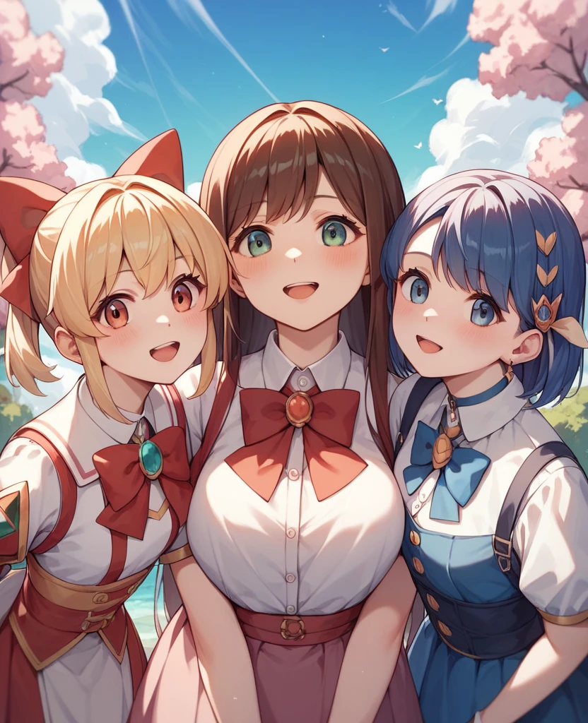 Highest quality, Very detailed, masterpiece, anime,Highest quality,Japanese ,Three Girls,Holiday outings,Transparent haori,Browsing Caution,Magical girl、Upper Body、Close Contact、lure、Provocative look、Leaning forward、bring your chest to the center