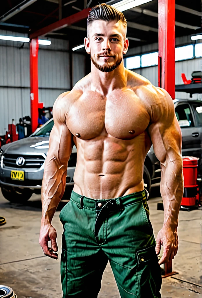25 years old muscular auto mechanic upper body bare in work pants full of oil