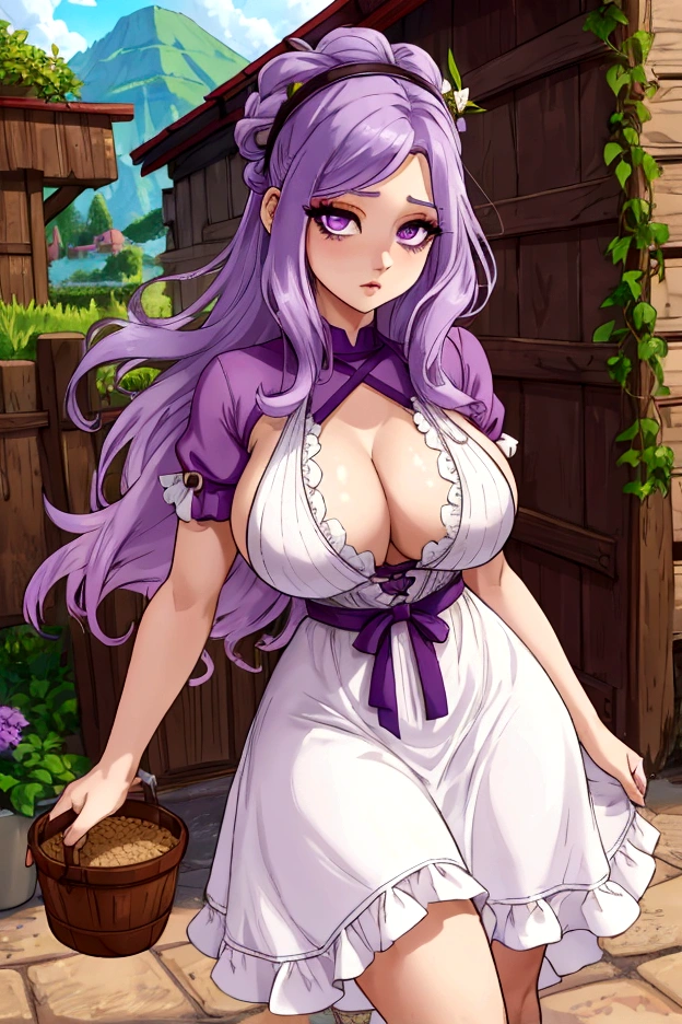 A woman with straight, knee-length light purple hair, light purple slanted eyes, White skin, Big breasts, thin waist, big hips, granary,  Summer dress, crops, stardew valley style 