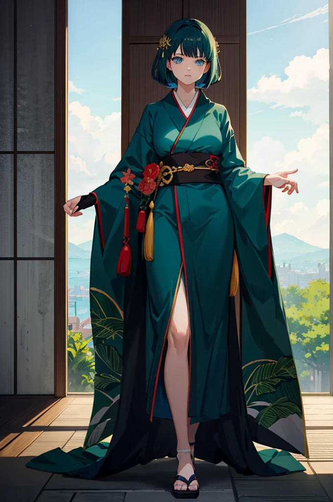 1woman, dark green hair, blue eyes, kimono, standing on ground, high res, ultra sharp, 8K, masterpiece