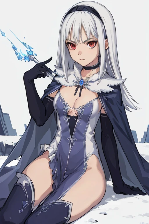 1girl, solo, aira blanc neige, galdinius hairband, black elbow gloves, blue dress cleavage, frilled choker white cape black cape black, thighhighs frills, blue gemstone, snow, city, best quality, masterpiece, looking at viewers 