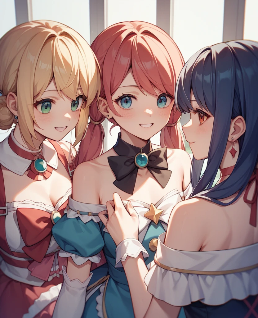 Highest quality, Very detailed, masterpiece, anime,Highest quality,Japanese ,Three Girls,Holiday outings,Transparent haori,Browsing Caution,Magical girl、Upper Body、Close Contact、lure、Provocative look、Leaning forward、bring your chest to the center