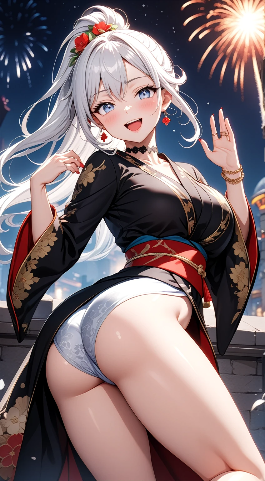 ((One personの女性)), Beautiful Face, (Laughing embarrassedly), (laugh:1.2),((Wink:1.7)), (head tilt:1.3), Laugh with your mouth wide open, upper teeth, waving at viewer, ((Bright red cheeks:1.4)),Glossy Red Lips,night, Observatory, firework, Shining Face, (Arching your back、Push up your ass), ((Anime style background)),masterpiece, Highest quality, so beautiful,up to date, Complex details, (Pink long nails),(ring),(bracelet),(Floral choker),AI-generated, Complex,High resolution, Highest quality, super high quality,3D Images、3D Images,One person,Long white hair,High Ponytail, Anime woman posing for a photo,(blue eyes), ((Fine grain、Silvery white, lightly pigmented eyes、Shining Eyes:1.3)), (Squint your eyes:1.1), a hyperRealistic , hyperRealistic , Realistic,Anime woman with long white hair, Smooth anime CG art, A woman in a colorful kimono with gold embroidery, (Black long sleeve kimono),Red floral pattern,(black stiletto sandals), Long flower hair ornament,Earrings,Mature Body,(Big Breasts:1.1),Tall,Abdominal muscles,Tight waist, (front view),