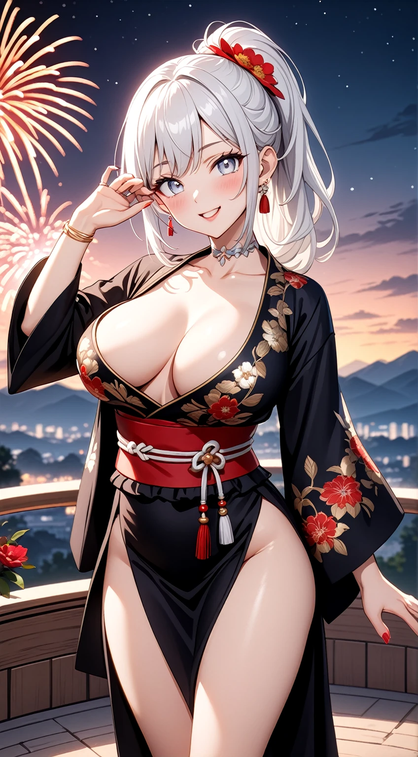 ((One personの女性)), Beautiful Face, (Laughing embarrassedly), (laugh:1.2),((Wink:1.7)), (head tilt:1.3), Laugh with your mouth wide open, upper teeth, waving at viewer, ((Bright red cheeks:1.4)),Glossy Red Lips,night, Observatory, firework, Shining Face, (Arching your back、Push up your ass), ((Anime style background)),masterpiece, Highest quality, so beautiful,up to date, Complex details, (Pink long nails),(ring),(bracelet),(Floral choker),AI-generated, Complex,High resolution, Highest quality, super high quality,3D Images、3D Images,One person,Long white hair,High Ponytail, Anime woman posing for a photo,(blue eyes), ((Fine grain、Silvery white, lightly pigmented eyes、Shining Eyes:1.3)), (Squint your eyes:1.1), a hyperRealistic , hyperRealistic , Realistic,Anime woman with long white hair, Smooth anime CG art, A woman in a colorful kimono with gold embroidery, (Black long sleeve kimono),Red floral pattern,(black stiletto sandals), Long flower hair ornament,Earrings,Mature Body,(Big Breasts:1.1),Tall,Abdominal muscles,Tight waist, (front view),
