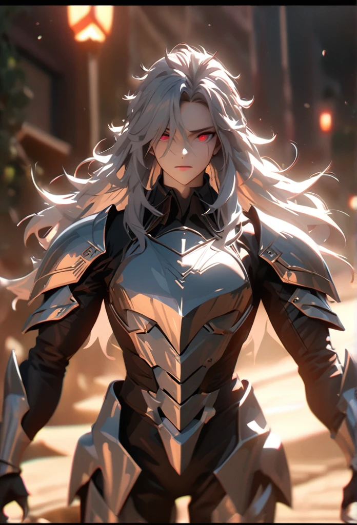 (solo), grey hair, messy hair, mane hair, long hair, dense hair, wild hair, expressive hair, mature,(25 year old), pale skin, red eyes, ((man)), wearing a silver armor, armored arms, armored legs, claws,, handsome, attractive, eye reflection, depth of field, thunder aura,cinematic lighting, ray tracing, depth of field, cinematic lighting, ray tracing, UHD, high details, best quality, highres, high quality, award winning, super detail, masterpiece, 8k, UHD, high details, best quality, highres, high quality, award winning, super detail, masterpiece, 8k, digital art, anime coloring, body shot, good face, perfect face, detailed face, good eyes