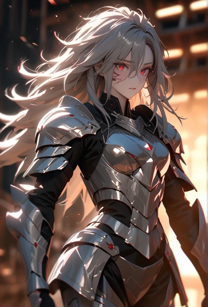 (solo), grey hair, messy hair, mane hair, long hair, dense hair, wild hair, expressive hair, mature,(25 year old), pale skin, red eyes, ((man)), wearing a silver armor, armored arms, armored legs, claws,, handsome, attractive, eye reflection, depth of field, thunder aura,cinematic lighting, ray tracing, depth of field, cinematic lighting, ray tracing, UHD, high details, best quality, highres, high quality, award winning, super detail, masterpiece, 8k, UHD, high details, best quality, highres, high quality, award winning, super detail, masterpiece, 8k, digital art, anime coloring, body shot, good face, perfect face, detailed face, good eyes