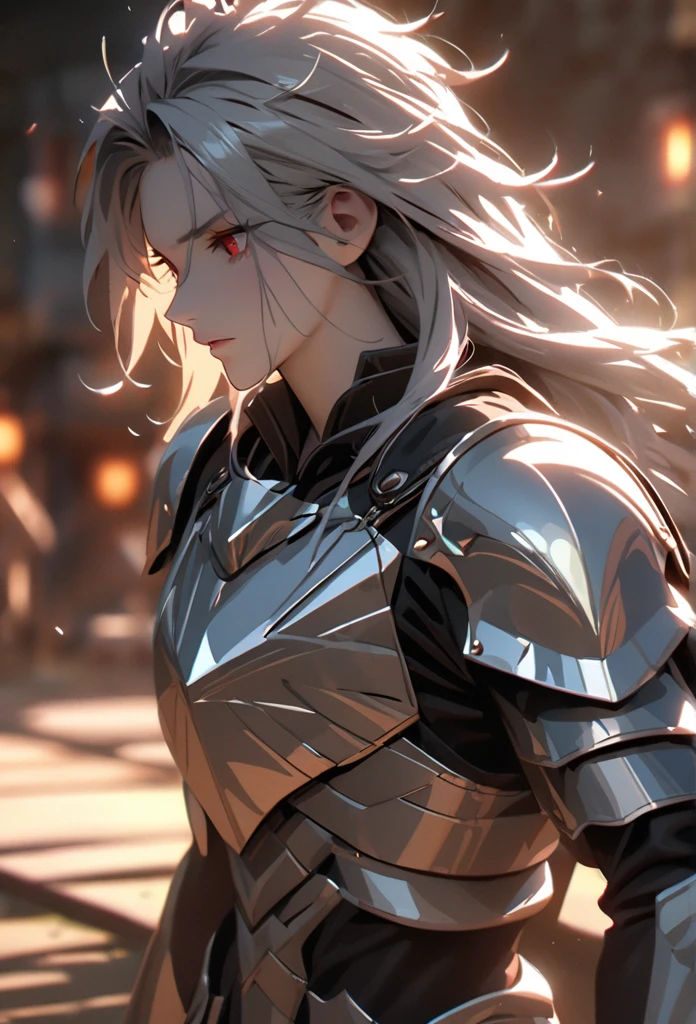 (solo), grey hair, messy hair, mane hair, long hair, dense hair, wild hair, expressive hair, mature,(25 year old), pale skin, red eyes, ((man)), wearing a silver armor, armored arms, armored legs, claws,, handsome, attractive, eye reflection, depth of field, thunder aura,cinematic lighting, ray tracing, depth of field, cinematic lighting, ray tracing, UHD, high details, best quality, highres, high quality, award winning, super detail, masterpiece, 8k, UHD, high details, best quality, highres, high quality, award winning, super detail, masterpiece, 8k, digital art, anime coloring, body shot, good face, perfect face, detailed face, good eyes