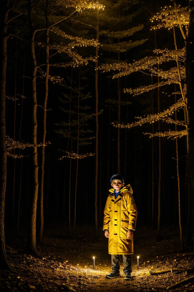 11 year old boy in yellow coat in the forest at night surrounded by fireflies
