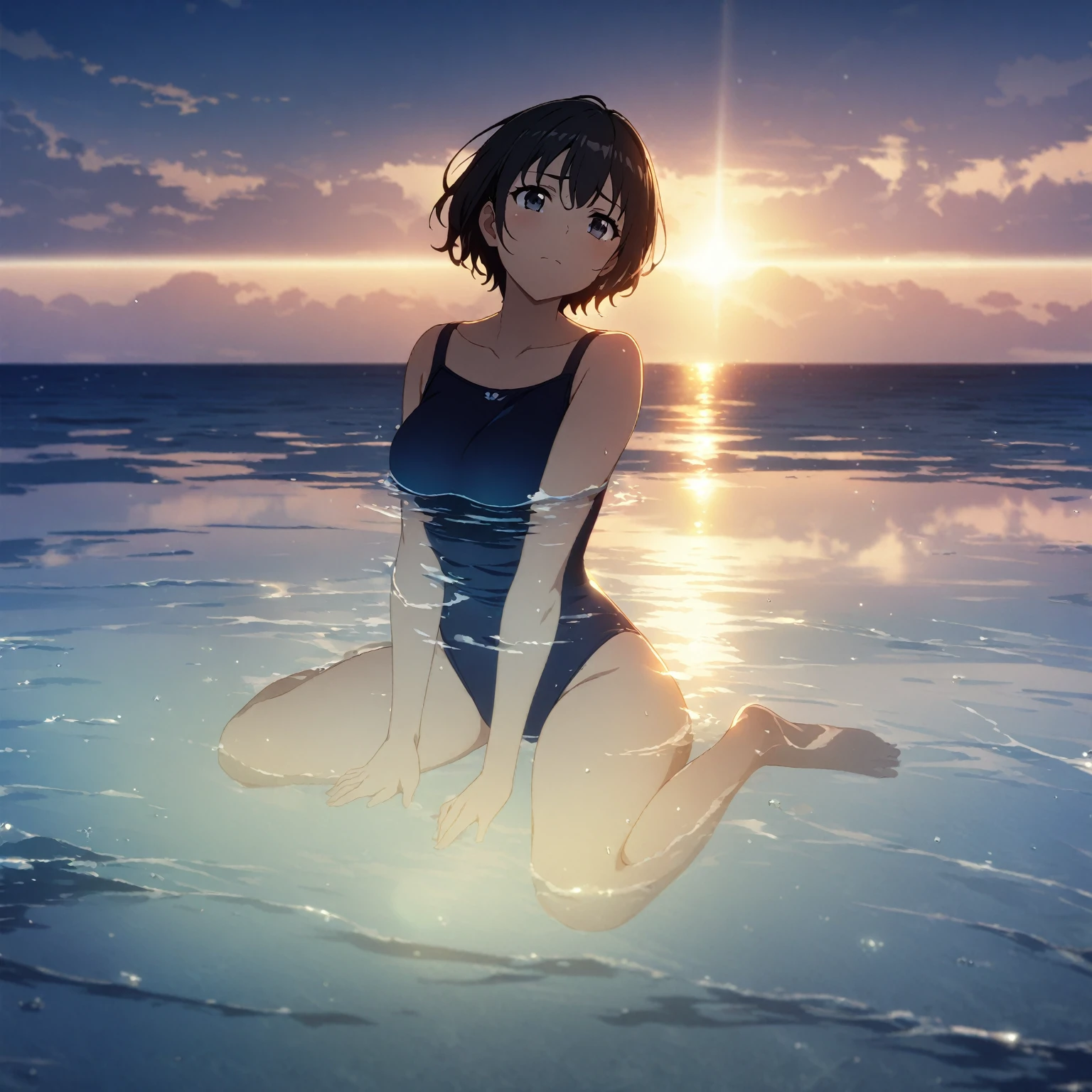 1girl、Black Hair、Navy blue swimsuit、Ocean、Oceanに浸かる、evening、Reflection on the water、透明なOcean、deep faint light 、 detailed CG、high resolution