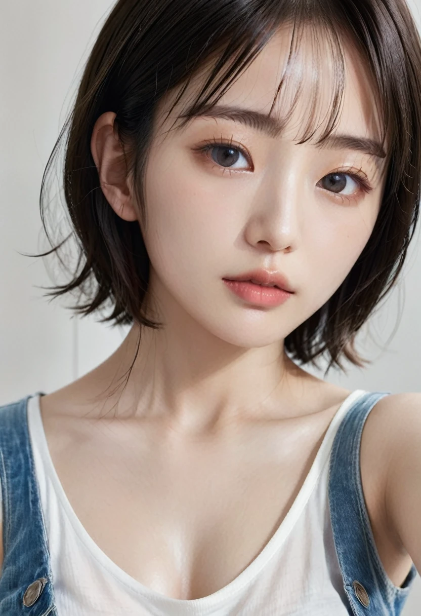 photorealistic, Photography ,BREAK, short hair woman, taking a (selfie:1.5) , (white T-shirts and denim pants), on the sofa in simple bedroom , white background, (short hair), BREAK, 8k , LAW , best-quality, masterpiece, hyper realistic detail shiny skin , natural shading , realistic shadow, BREAK (hyper realistic detail shiny skin, detailed skin, detailed hair, ultra sharpness, intricate details), perfect anatomy
