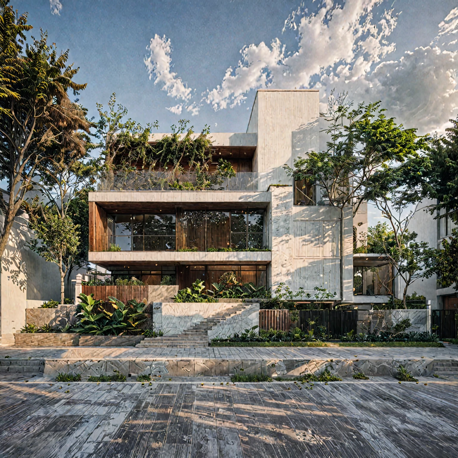Masterpiece, high quality, best quality, authentic, super detail, outdoors, onestoreyvillaXL, aiaigroup, house style modern on the street ,stairs, white wall ,road,pavement, grass, trees, sky, cloud, (daylight:1.1)