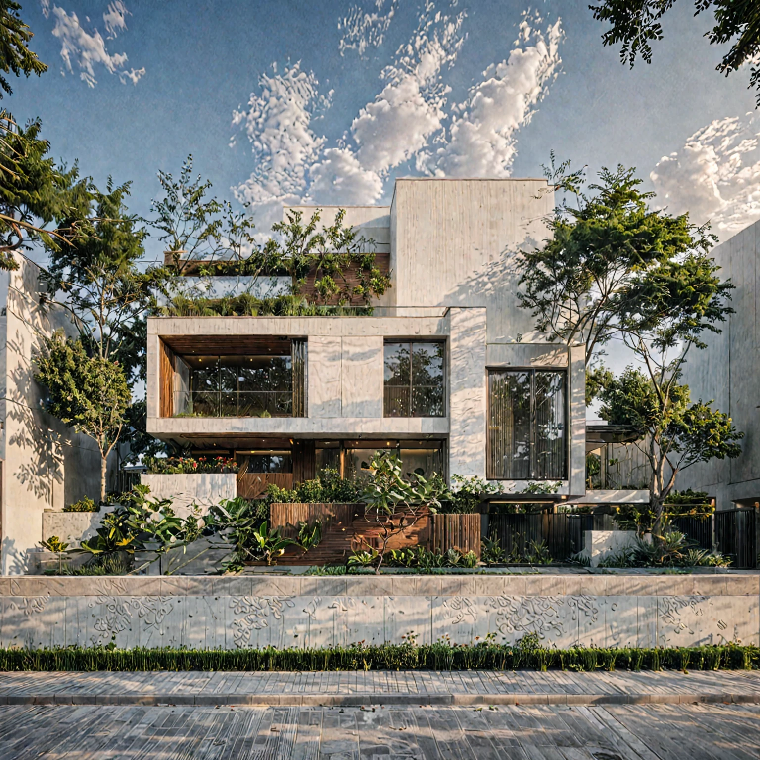 Masterpiece, high quality, best quality, authentic, super detail, outdoors, onestoreyvillaXL, aiaigroup, house style modern on the street ,stairs, white wall ,road,pavement, grass, trees, sky, cloud, (daylight:1.1)