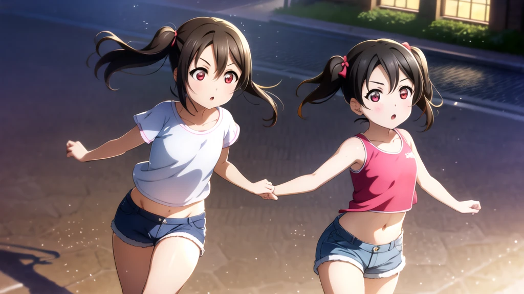 Yazawa nico, Twin tails,Red eyes,((Mid-chest, Tomboy, Small Head)), Dawn, sunlight, (Trained abdominal muscles : 1.1), (Perfect body : 1.1), (Short Wavy Hair : 1.2) , Auburn Hair, collar, Lock, Full Body Shot, Crowded street, Wearing a black tank top, Jeans jacket, ((Shorts)), (Highly detailed CG 8K wallpaper), (Very delicate and beautiful), (masterpiece), (Highest quality:1.0), (ultra High resolution:1.0),  Beautiful lighting ,Perfect Lightning, Realistic Shadows, [High resolution], Detailed skin, Super detailed