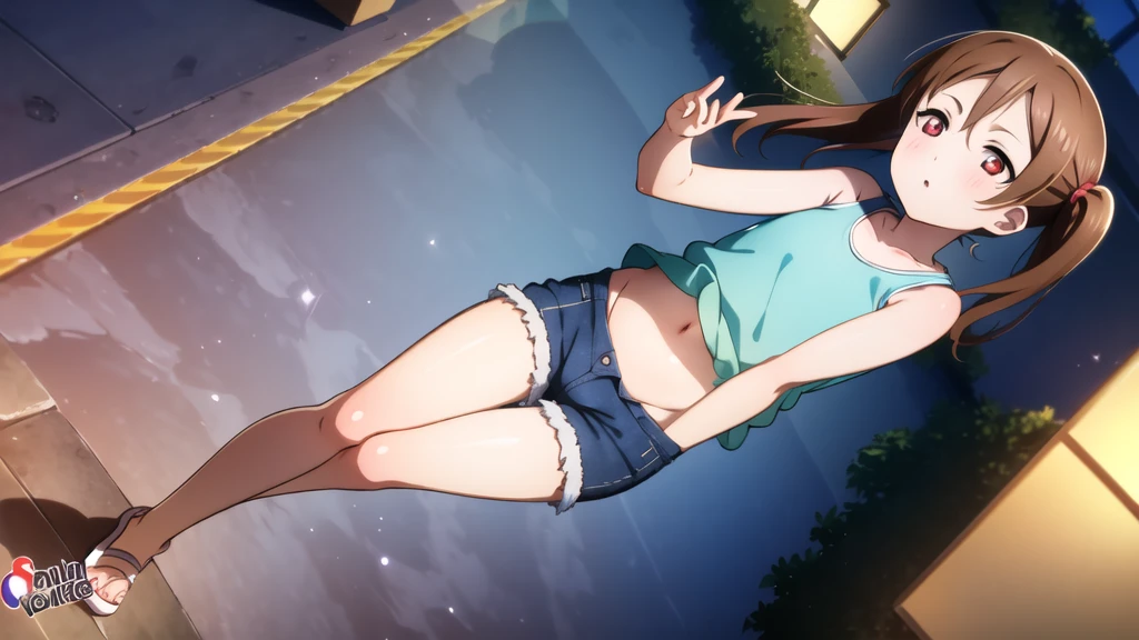 Yazawa nico, Twin tails,Red eyes,((Mid-chest, Tomboy, Small Head)), Dawn, sunlight, (Trained abdominal muscles : 1.1), (Perfect body : 1.1), (Short Wavy Hair : 1.2) , Auburn Hair, collar, Lock, Full Body Shot, Crowded street, Wearing a black tank top, Jeans jacket, ((Shorts)), (Highly detailed CG 8K wallpaper), (Very delicate and beautiful), (masterpiece), (Highest quality:1.0), (ultra High resolution:1.0),  Beautiful lighting ,Perfect Lightning, Realistic Shadows, [High resolution], Detailed skin, Super detailed