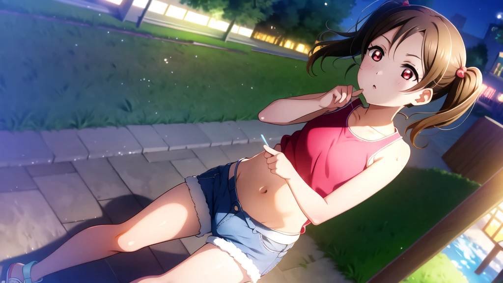 Yazawa nico, Twin tails,Red eyes,((Mid-chest, Tomboy, Small Head)), Dawn, sunlight, (Trained abdominal muscles : 1.1), (Perfect body : 1.1), (Short Wavy Hair : 1.2) , Auburn Hair, collar, Lock, Full Body Shot, Crowded street, Wearing a black tank top, Jeans jacket, ((Shorts)), (Highly detailed CG 8K wallpaper), (Very delicate and beautiful), (masterpiece), (Highest quality:1.0), (ultra High resolution:1.0),  Beautiful lighting ,Perfect Lightning, Realistic Shadows, [High resolution], Detailed skin, Super detailed