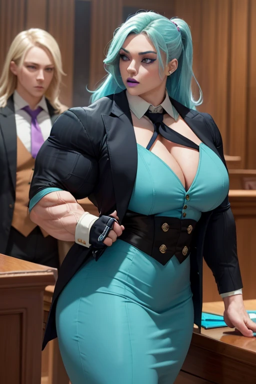 ((Massive, beautiful, buff, pale white skinned muscular woman with cyan hair, purple eyes, black lipstick, ginormous bulky muscles)), (((cyan three-piece suit))), necktie, blazer, (((cyan suit jacket))), (((waistcoat))), double-breasted waistcoat, (((pencil skirt))), ((pencil skirt)), tie clip, pocket square, pocket watch, pantyhose, high heels, (close view), massive muscles, hyper muscles, long beachy hair, in an courtroom,