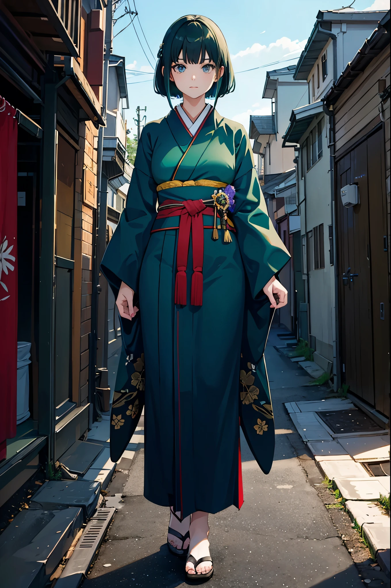 1woman, dark green hair, blue eyes, kimono, standing on ground, high res, ultra sharp, 8K, masterpiece