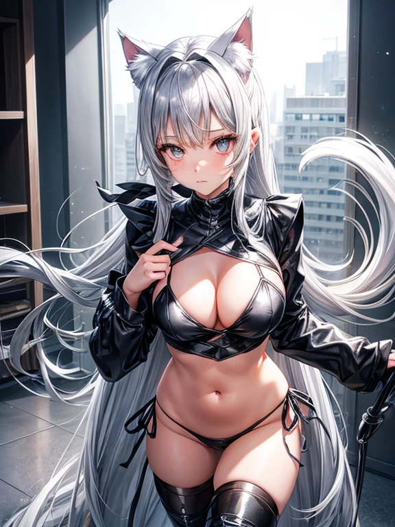 Silver long pony tail girl silver eyes silver cat ears 2 silver cat tails wearing silver bikini and have silver mask cover mouth