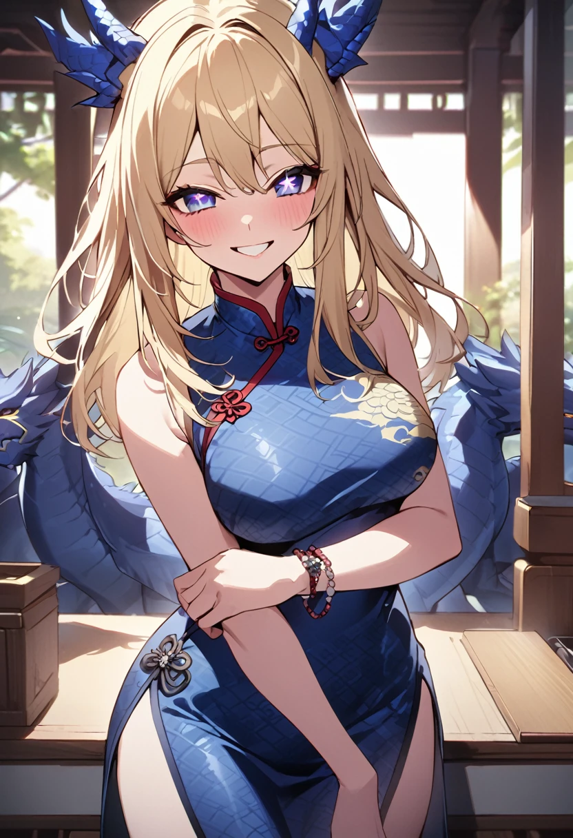 Blonde、Blue dragon patterned cheongsam、Cowboy Shot、Highest quality、Star-shaped pupil、The best smile