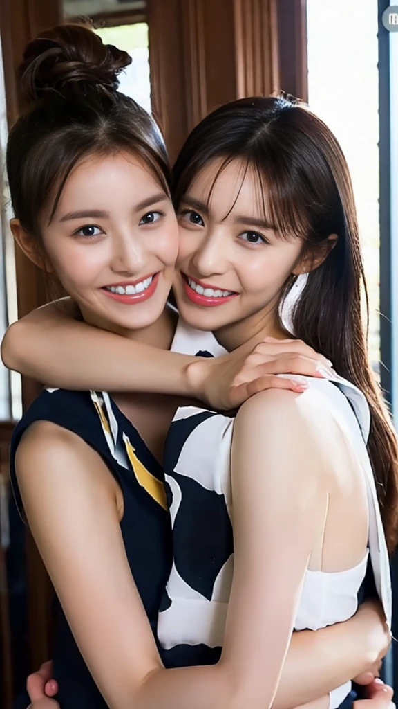 Very cute high school sisters hugging each other and looking at us with smiles,my sister has a black ponytail,My sister has short brown hair..,Looks happy,Anatomically correct,Cheek Slide,indoor,Photorealism,masterpiece