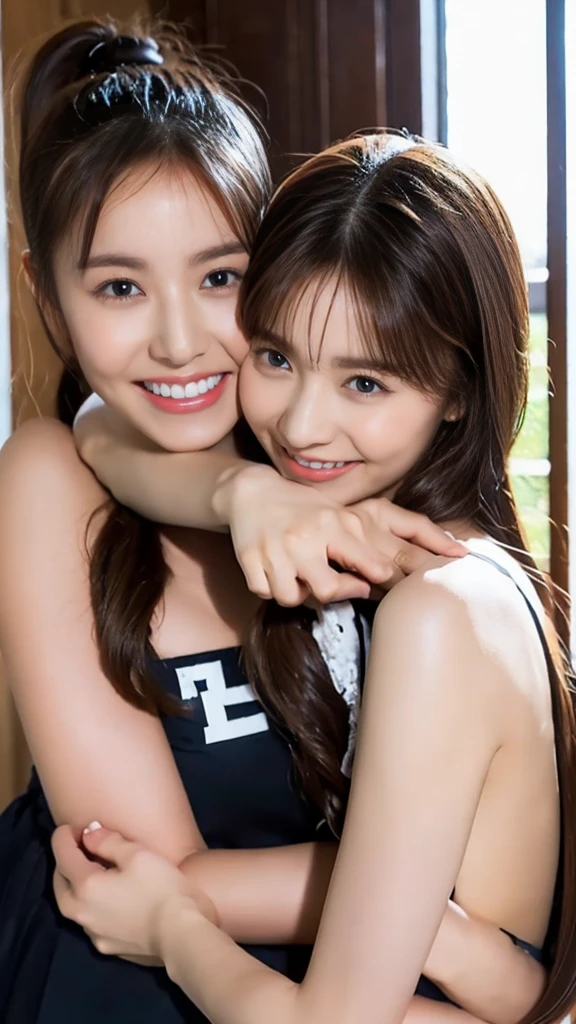 Very cute high school sisters hugging each other and looking at us with smiles,my sister has a black ponytail,My sister has short brown hair..,Looks happy,Anatomically correct,Cheek Slide,indoor,Photorealism,masterpiece