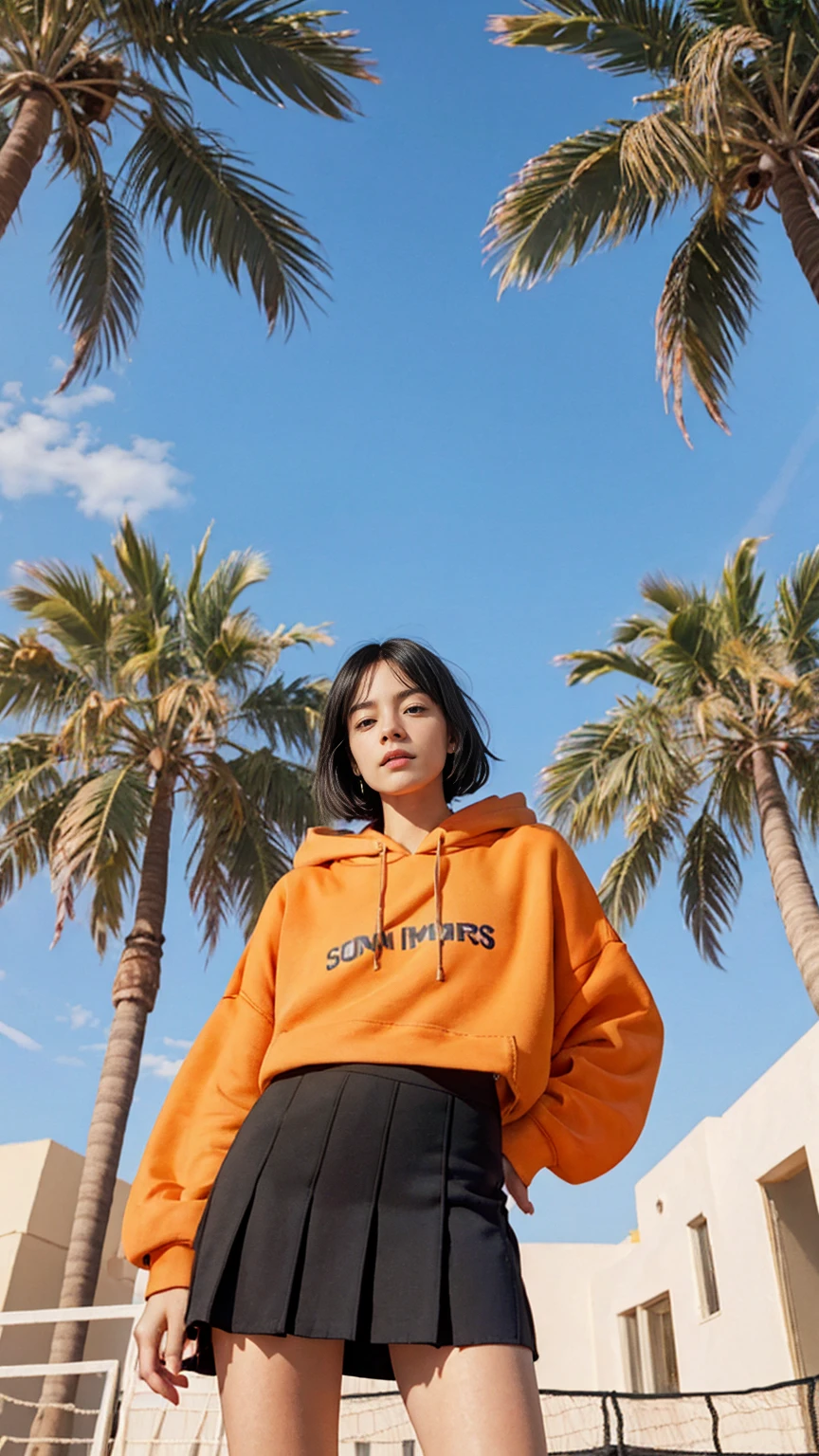 1 girl, wear ((orange oversized hoodie)), (purple tennis skirt),Best Quality,Masterpiece,Ultra High Resolution,(Realisticity:1.4),Original Photo, 1Girl, light leak,ultra high resolution,UHD,beautiful, black bob hair, almond eye, no makeup, in front of 80's mondrian architecture motel, (from below:1.3), (realistic:1.2), (surreal:1.3), (very detailed:1.1), ((masterpiece)),summer, blue sky, palm trees,sunny, los angles vibes