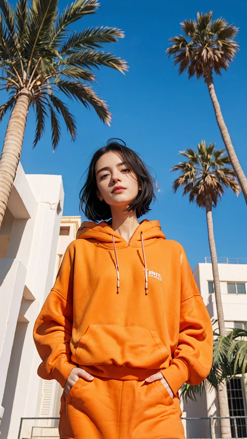 1 girl, wear ((orange oversized hoodie)), (purple tennis skirt),Best Quality,Masterpiece,Ultra High Resolution,(Realisticity:1.4),Original Photo, 1Girl, light leak,ultra high resolution,UHD,beautiful, black bob hair, almond eye, no makeup, in front of 80's mondrian architecture motel, (from below:1.3), (realistic:1.2), (surreal:1.3), (very detailed:1.1), ((masterpiece)),summer, blue sky, palm trees,sunny, los angles vibes