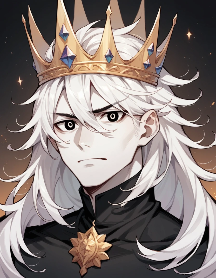 Make an image of a man, white hair, dark eyes and white skin, wearing black clothes and a crown on his head, with a friendly expression