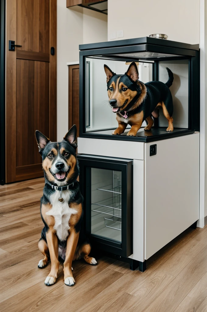 Create a dog Half machine and half dog Let it be an empty kitchen in the background